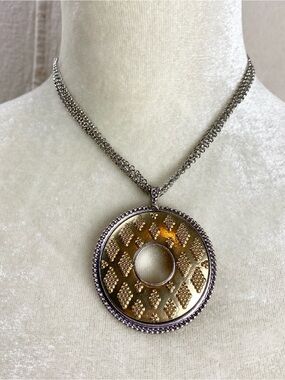 Chicos Reversible Mixed Metals Medallion Pendant Necklace with Textured Details